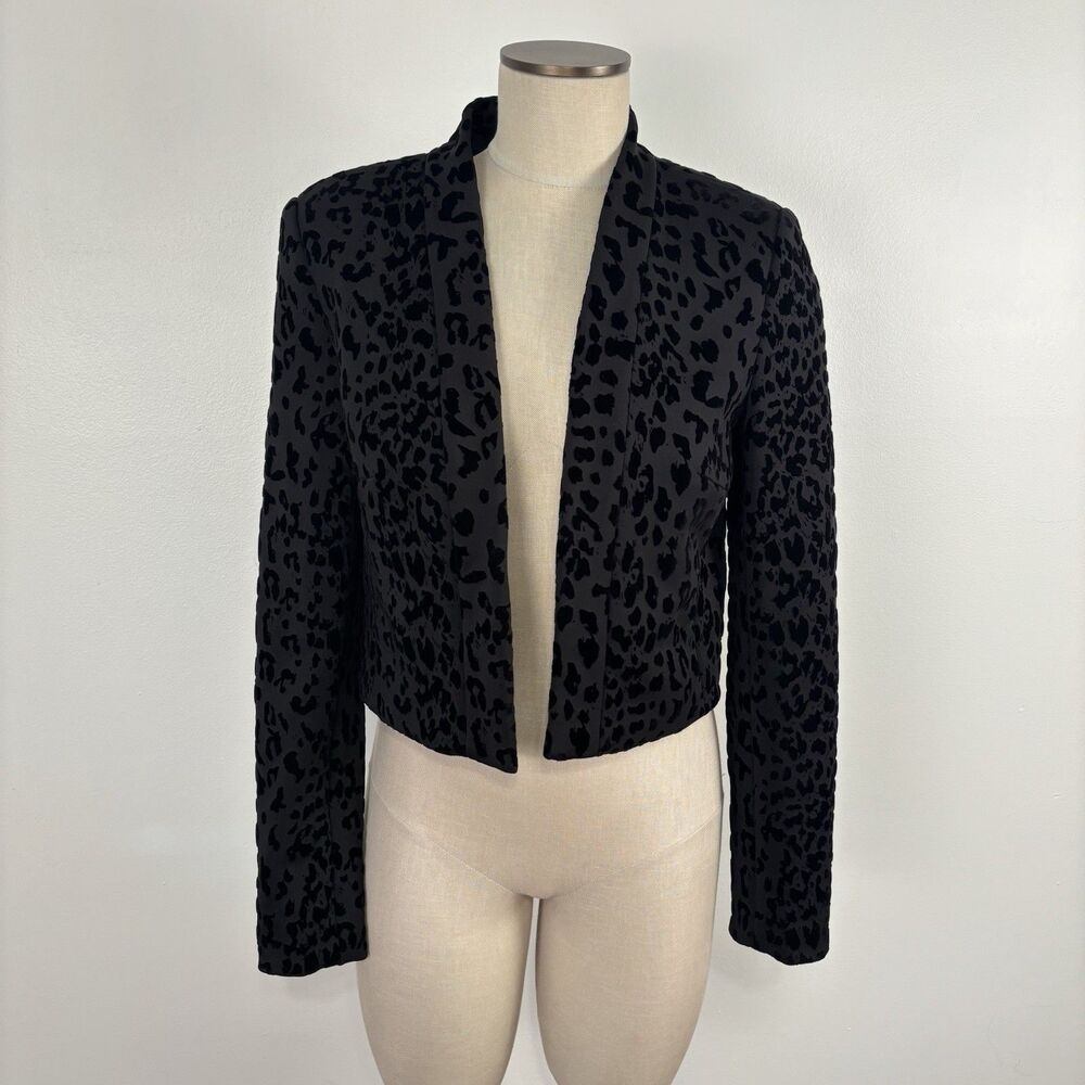 Calvin Klein 4 Black Flocked Leopard Print Cropped Open Front Jacket Blazer